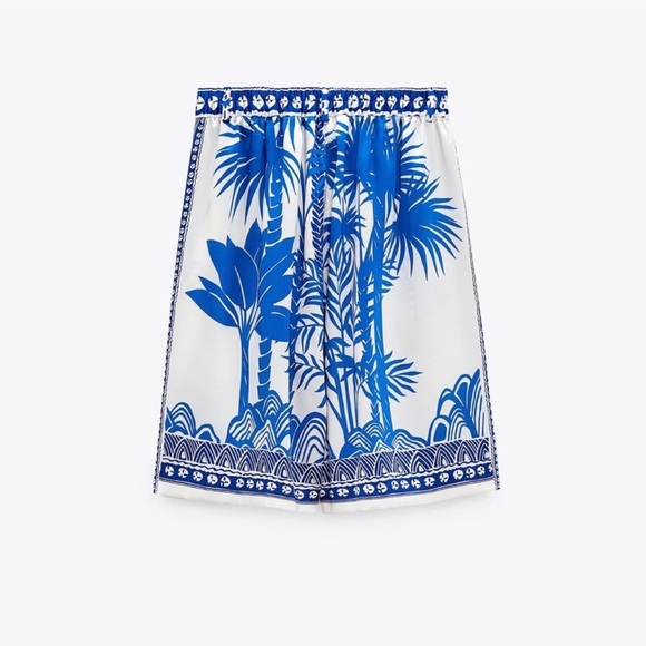 Zara High Rise Printed Bermuda Short Blue and Cream Size S - Picture 4 of 11